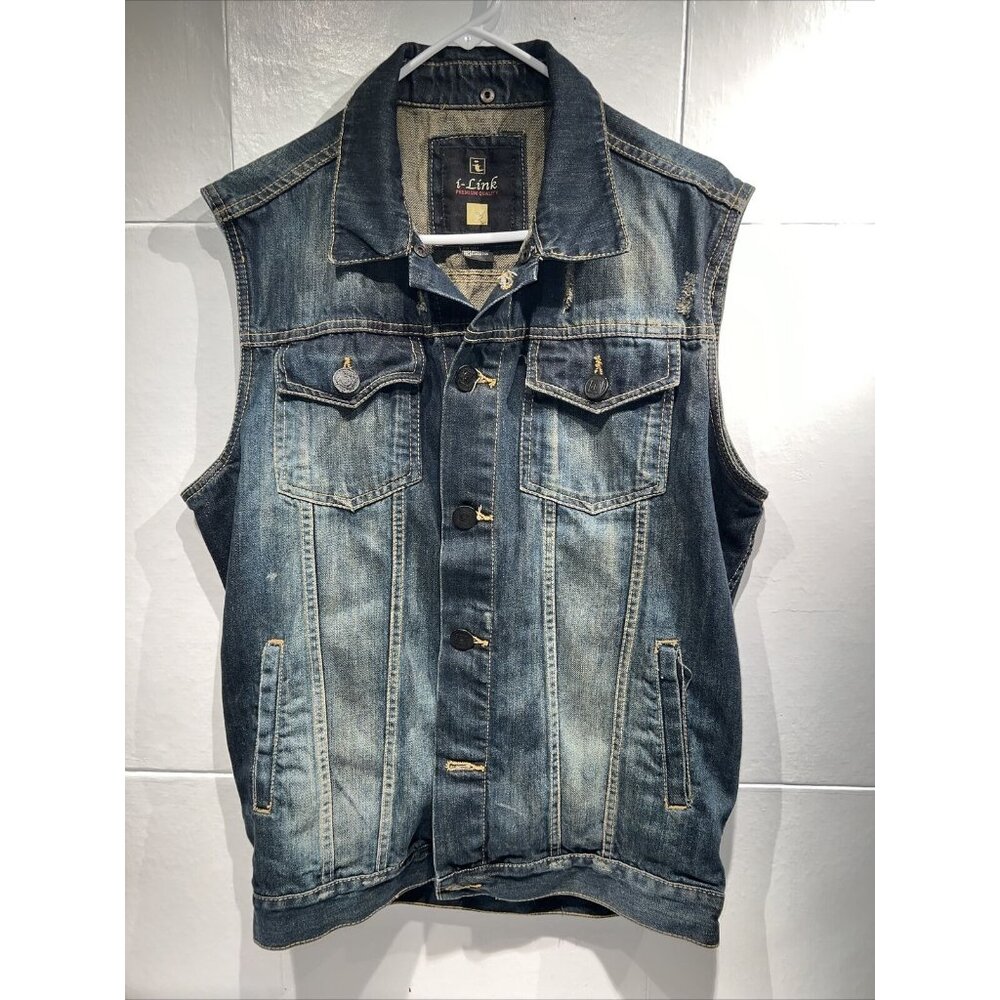 i LINK Dark Wash Distressed Button Down Denim Jean Vest Large‎ Y2K